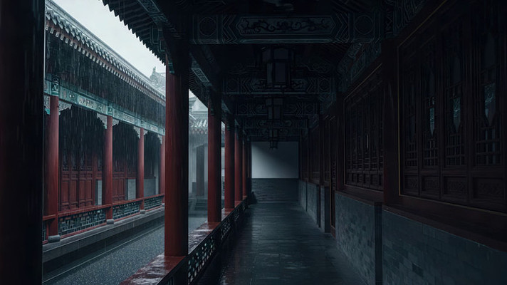 阴雨天气下的中式走廊