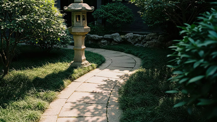 园林中式石灯笼与小径风景