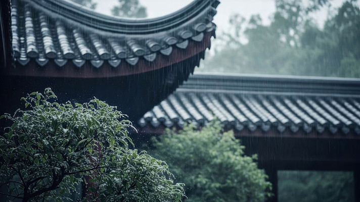 雨中古建筑屋檐绿植景观