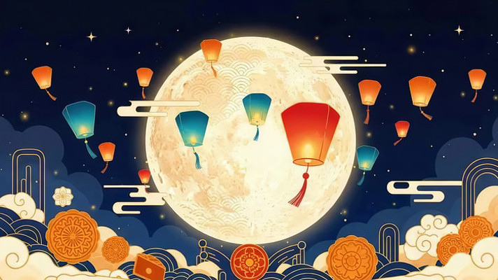 中秋节满月祥云间孔明灯飘动素材 中秋节满月祥云间孔明灯飘动素材