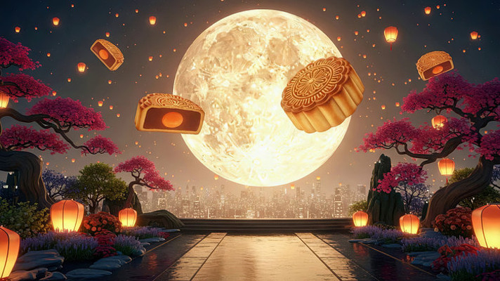 中秋夜景月饼灯笼圆月与城市画面 中秋夜景月饼灯笼圆月与城市画面