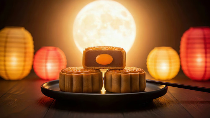 中秋月饼搭配圆月灯笼场景