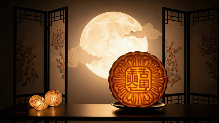 中秋月饼灯笼与圆月场景