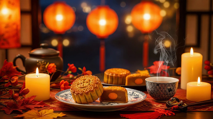 中式场景中秋月饼茶点布置