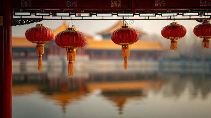 中式建筑前悬挂的红色灯笼