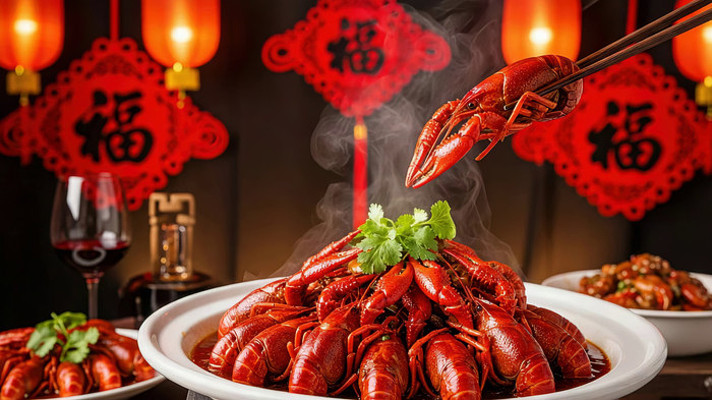 中式节庆氛围下的小龙虾特写
