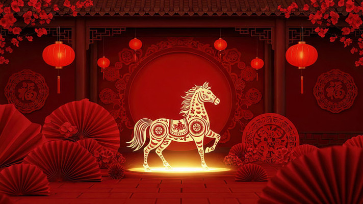 中式新春场景中的剪纸风格马