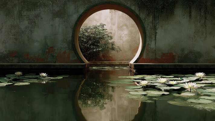 中式园林月洞门荷花池景观