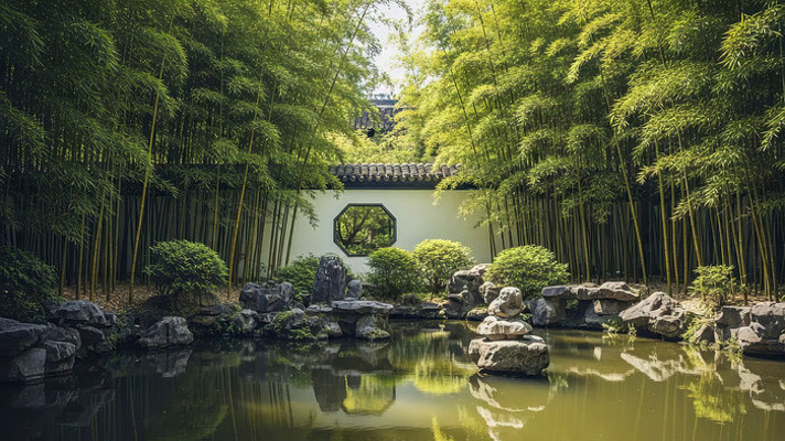 中式园林竹林池塘景观