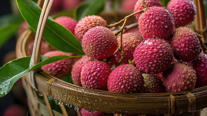 竹篮装新鲜荔枝特写