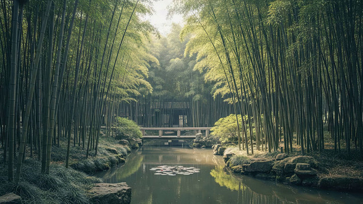 竹林中的小桥流水景观