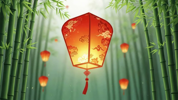 竹林中漂浮的中式孔明灯