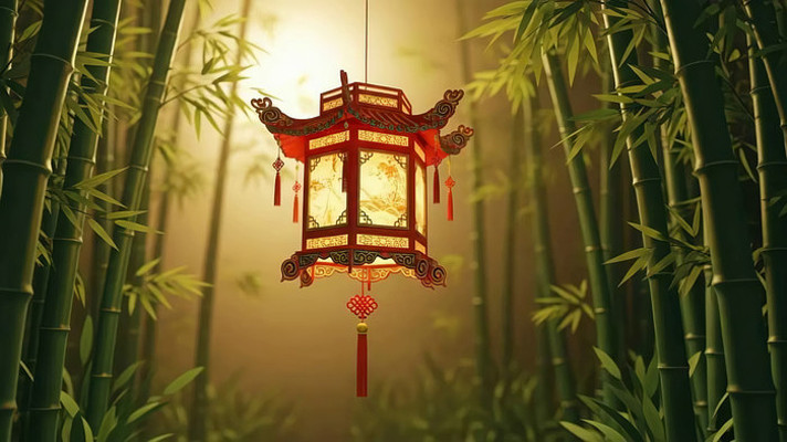竹林中悬挂的中式古典灯笼