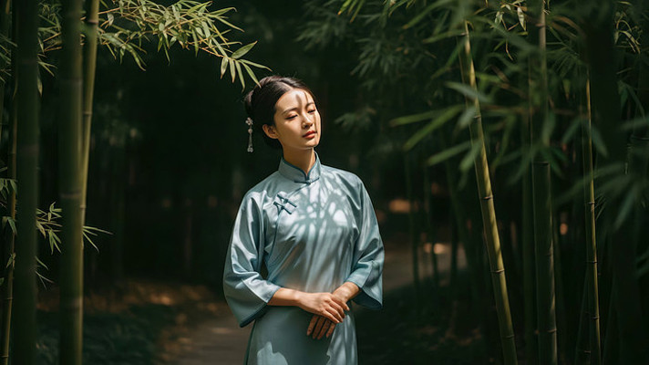 竹林中着旗袍女子站立