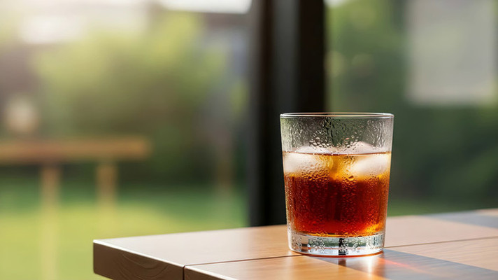桌上玻璃杯装冰饮料特写