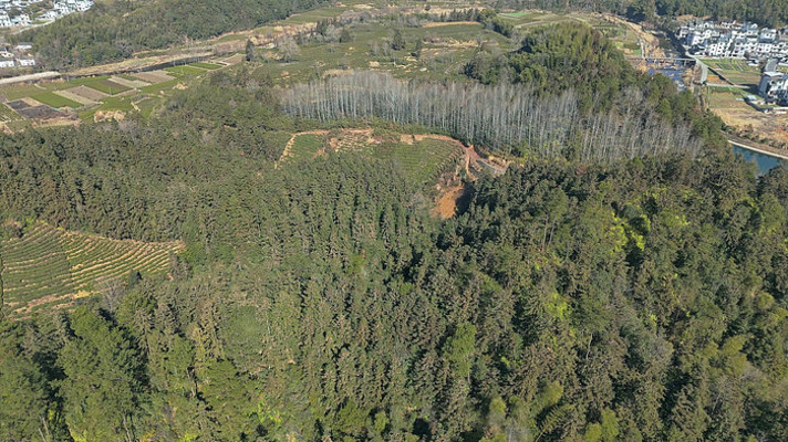 航拍视角下的皖南山区村庄和山林农田