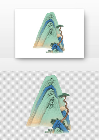 国潮风青绿山水松扇图 国潮风青绿山水松扇图