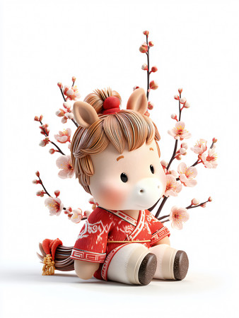 坐在桃花旁的马年宝宝IP人物设计素材 坐在桃花旁的马年宝宝IP人物设计素材