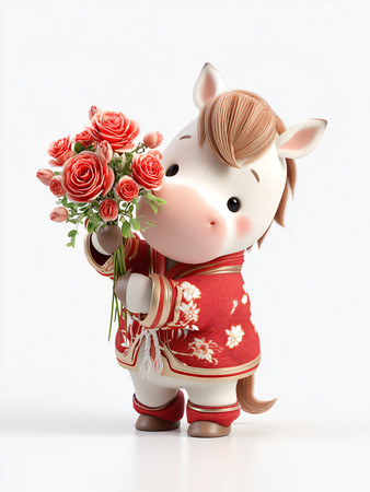 拿着玫瑰花的马年宝宝IP人物设计素材 拿着玫瑰花的马年宝宝IP人物设计素材