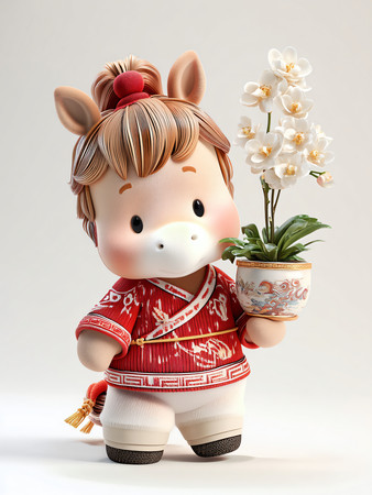拿着一盆兰花的马年宝宝IP人物设计素材 拿着一盆兰花的马年宝宝IP人物设计素材