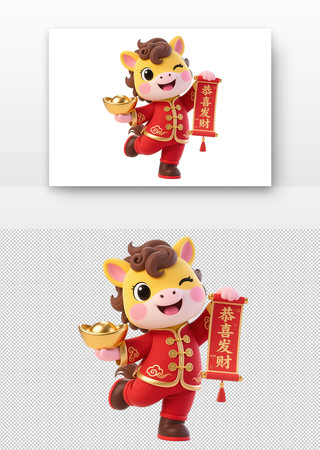 卡通小马手持金元宝与春联喜迎财神 卡通小马手持金元宝与春联喜迎财神