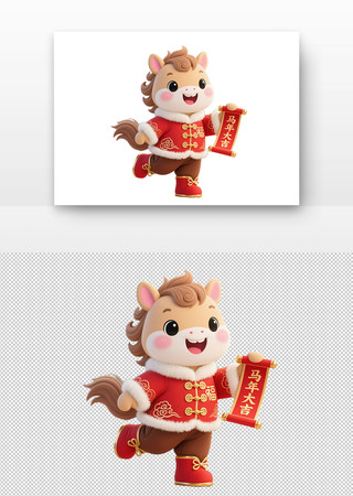 卡通马年吉祥物持卷喜迎新春 卡通马年吉祥物持卷喜迎新春