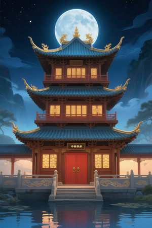 圆月夜里的古建筑 圆月夜里的古建筑