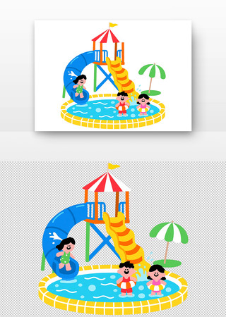 儿童在水上乐园玩耍的卡通插画