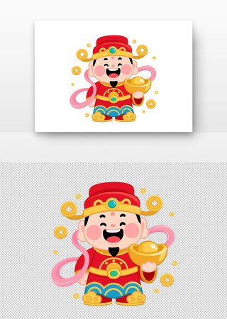 卡通财神爷手持金元宝面带笑容 卡通财神爷手持金元宝面带笑容