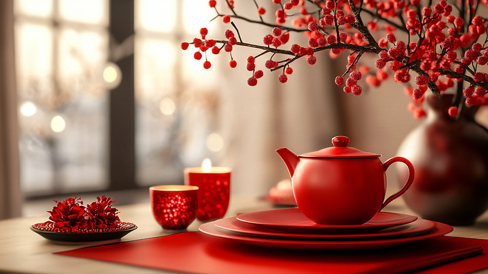 红色茶杯茶壶背景图 红色茶杯茶壶背景图