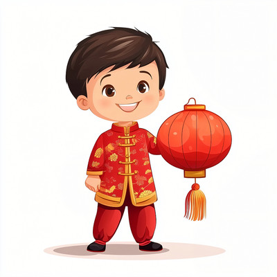 卡通男孩子拿着一只红色的灯笼 卡通男孩子拿着一只红色的灯笼