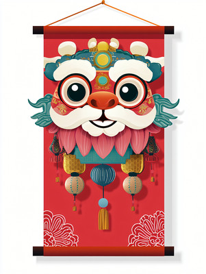 喜庆红色的舞狮头画卷 喜庆红色的舞狮头画卷