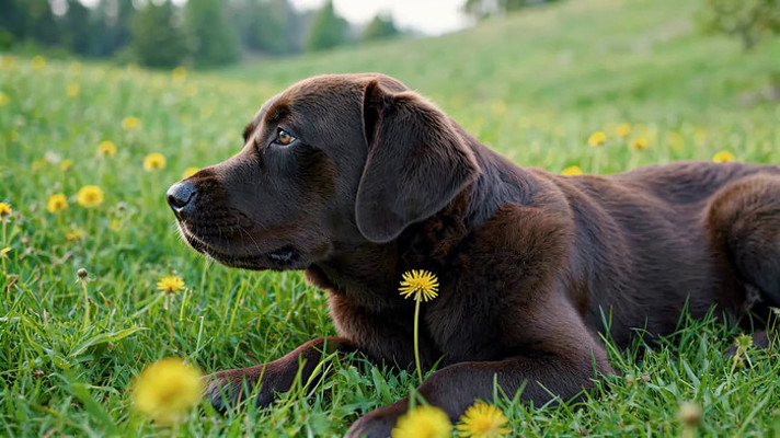 草地上趴着的棕色拉布拉多犬