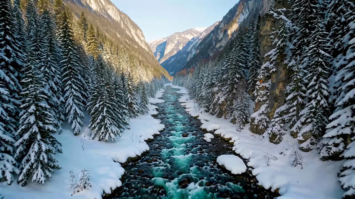 冬季山谷雪景河流森林景观 冬季山谷雪景河流森林景观