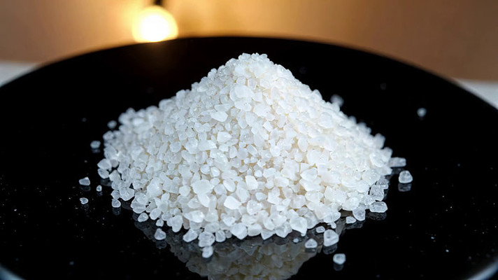 黑色盘子上的白色颗粒食材