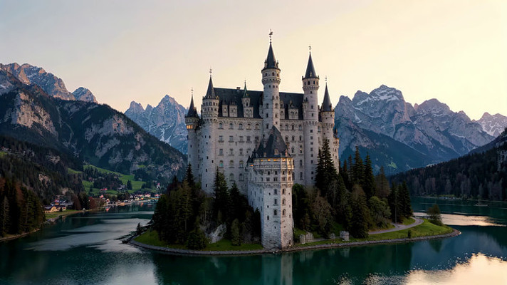 湖畔城堡与山脉森林全景 湖畔城堡与山脉森林全景