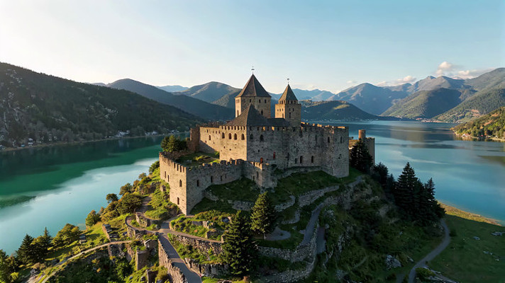 湖畔城堡自然风光航拍 湖畔城堡自然风光航拍