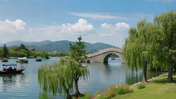 湖畔石桥船只自然风光 湖畔石桥船只自然风光