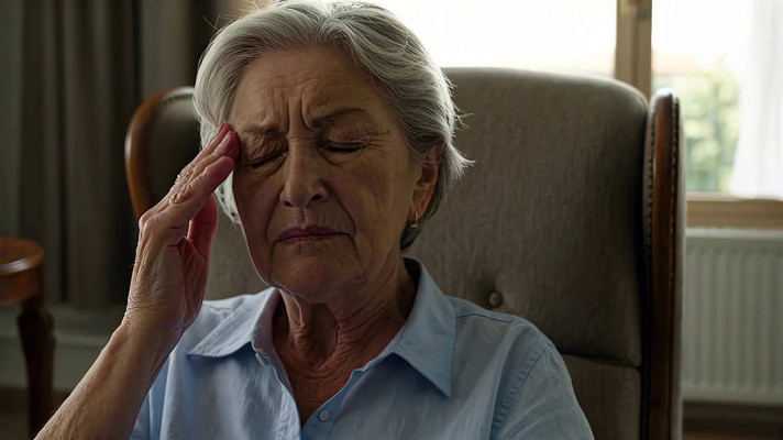 老人室内扶额显不适