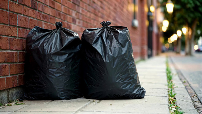 墙边放置的黑色垃圾袋 墙边放置的黑色垃圾袋