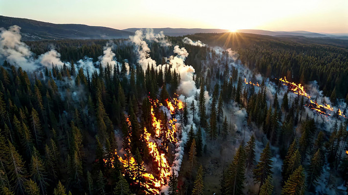 森林火灾日落时分俯瞰景象 森林火灾日落时分俯瞰景象
