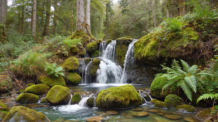 森林中瀑布与溪流自然景观 森林中瀑布与溪流自然景观