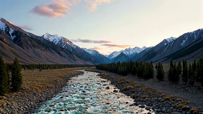 山间河流与雪山森林景致 山间河流与雪山森林景致