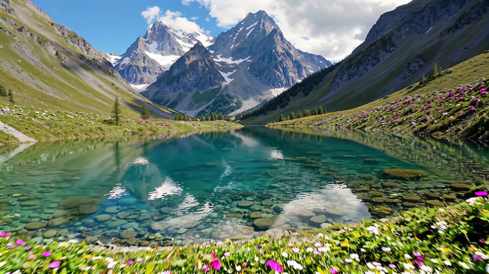 山间湖泊与远处雪山风景 山间湖泊与远处雪山风景