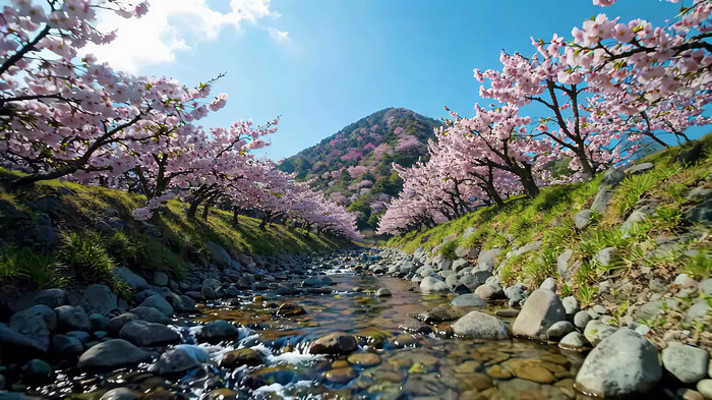 山间溪流旁盛开的樱花树