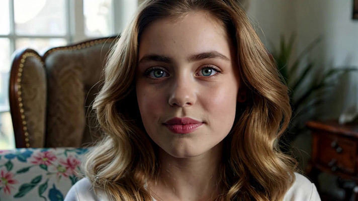 室内金发女孩近景特写