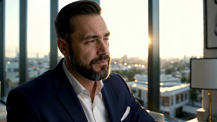 西装男士办公室内望向远方 西装男士办公室内望向远方