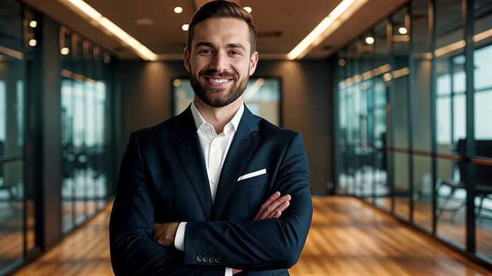 西装男士办公室走廊站立微笑 西装男士办公室走廊站立微笑