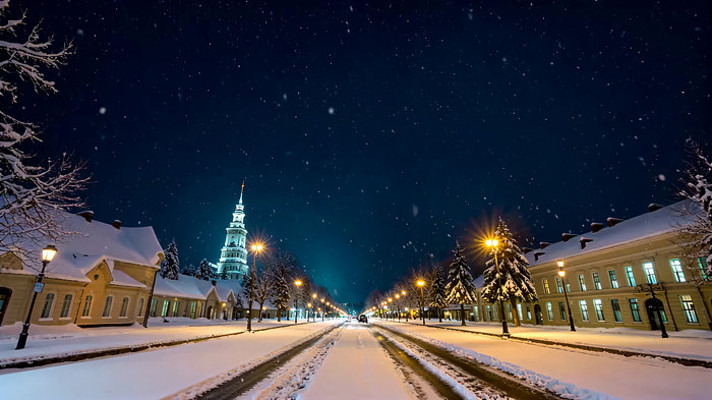 雪夜街道与建筑全景
