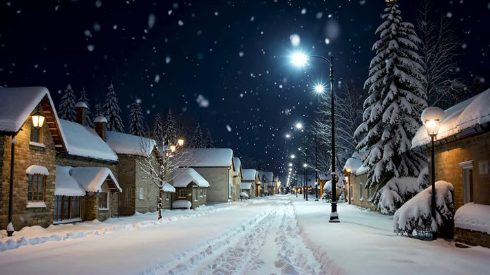 雪夜小镇街道雪景